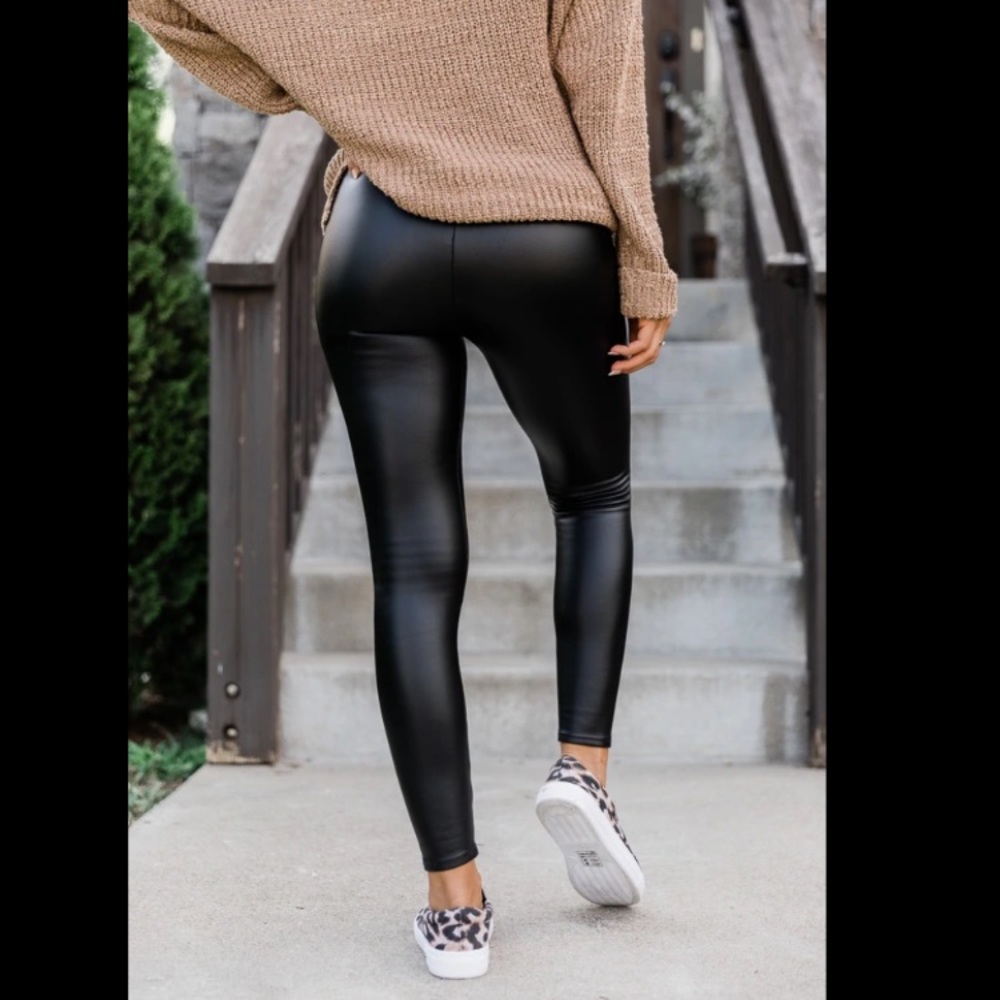 Faux Leather Moto Black Pull On Tights Leggings Sz Large L - Picture 2 of 15